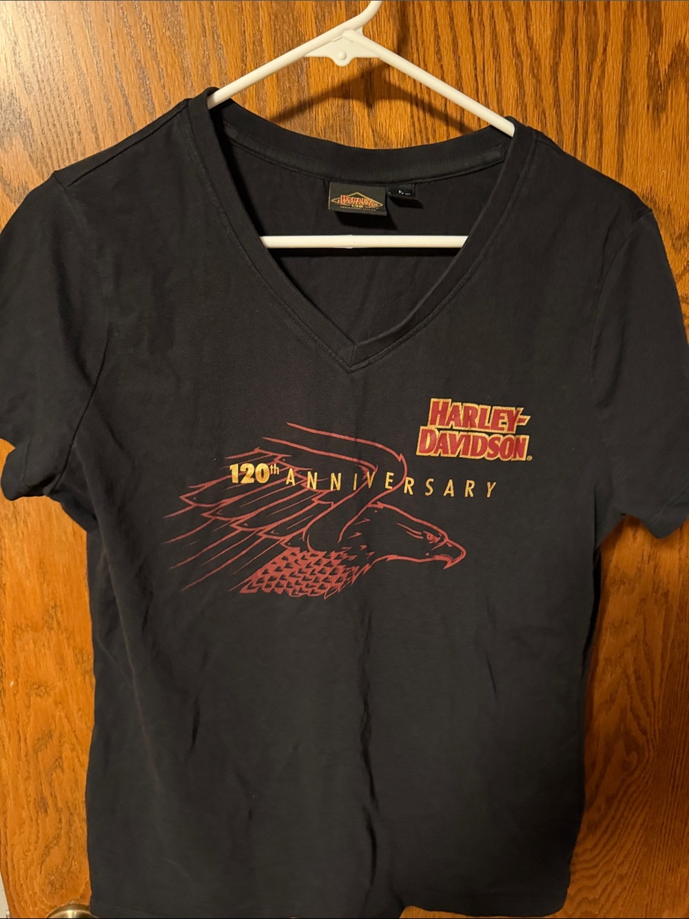 Harley-Davidson Black V-Neck Tee with Red and Gold Eagle Graphic